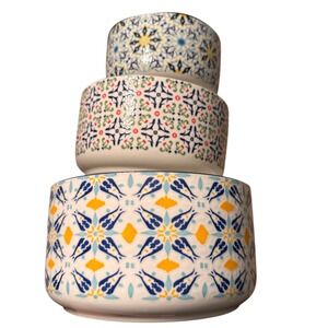 NEW! Signature Housewares Fun Style Ceramic Stoneware Bowls Geometric Set of 3